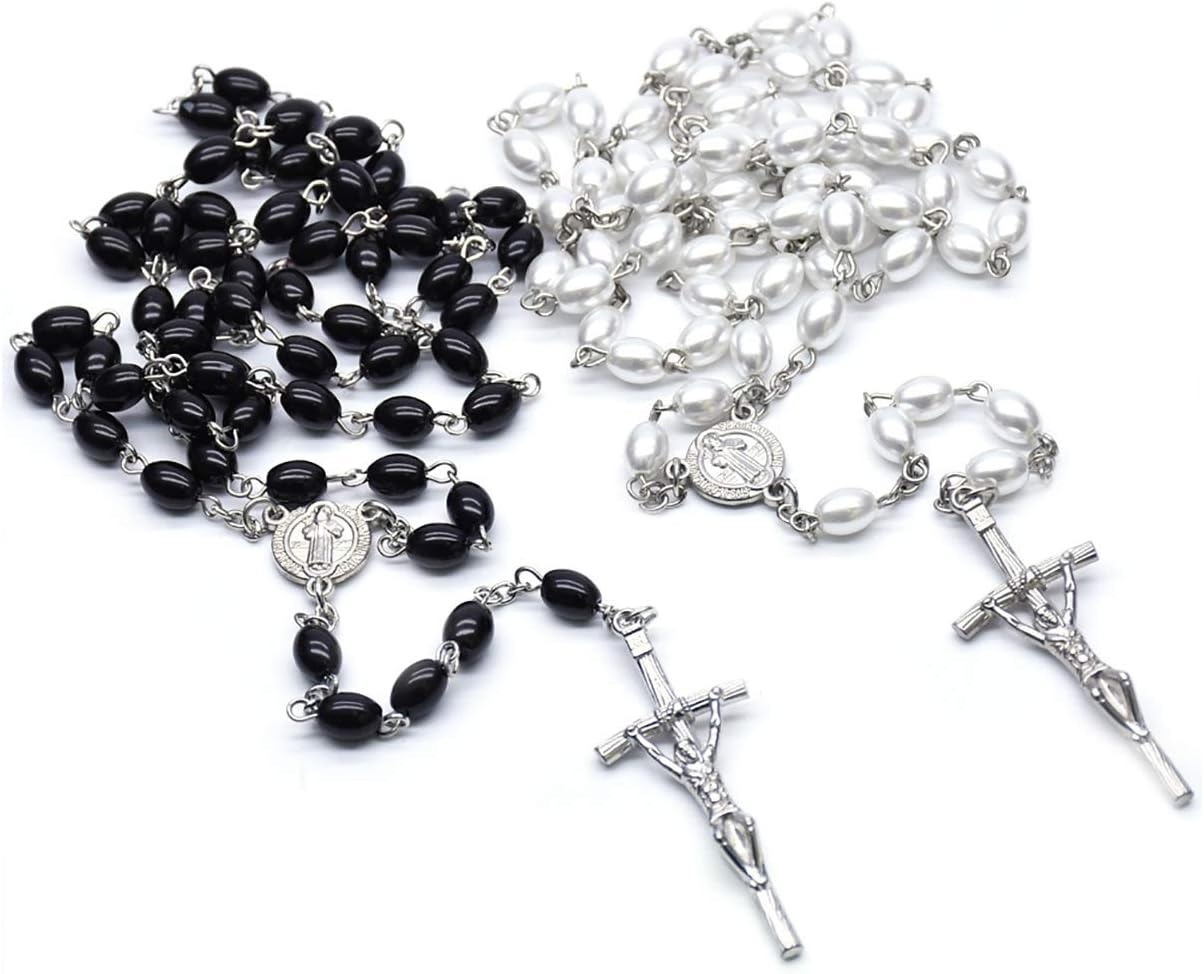 2 Pcs Rosary Bead Cross Catholic Necklace Set（Black and White