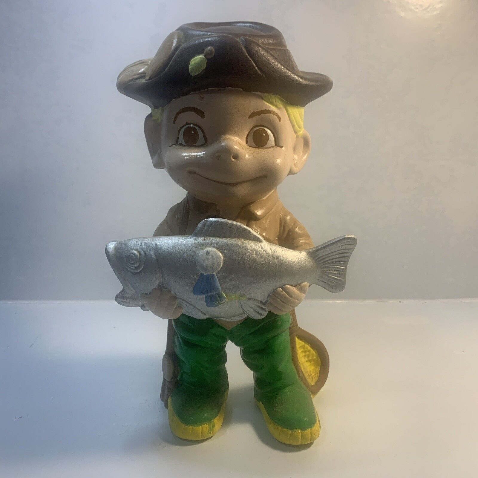 Vintage ATLANTIC MOLD CERAMIC Smiley Boy 1st Place Fish fisherman hand painted 