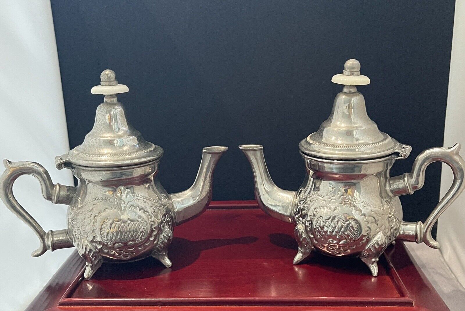 2 Vintage Moroccan Teapot Arabic Theieres Koutbla SALAAM Marque Depose Silver