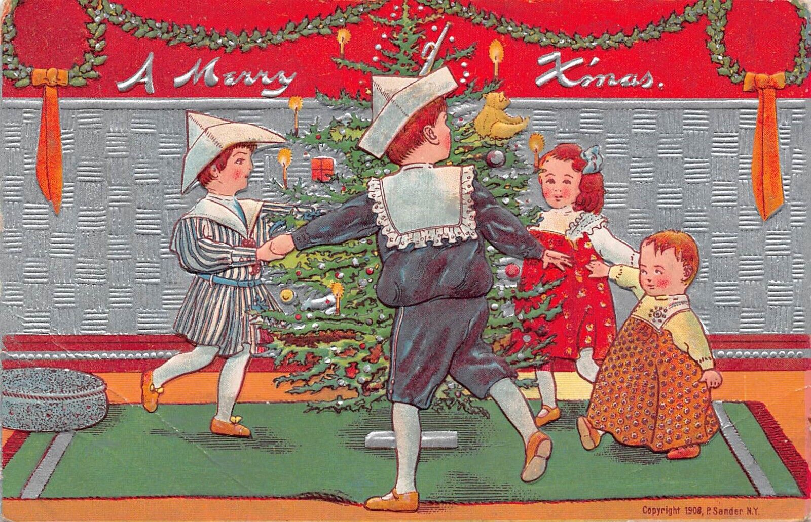 1909 A Merry Xmas Christmas Tree Decorations Children Dancing Postcard