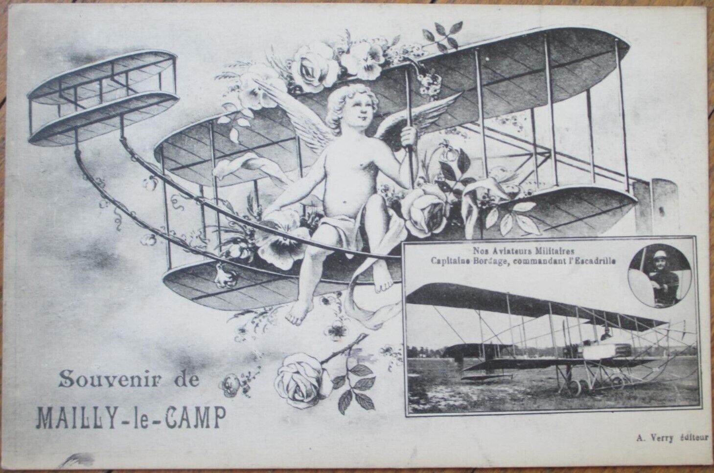 French Fantasy Aviation 1916 Postcard, Mailly le Camp, Cherub Airplane Biplane