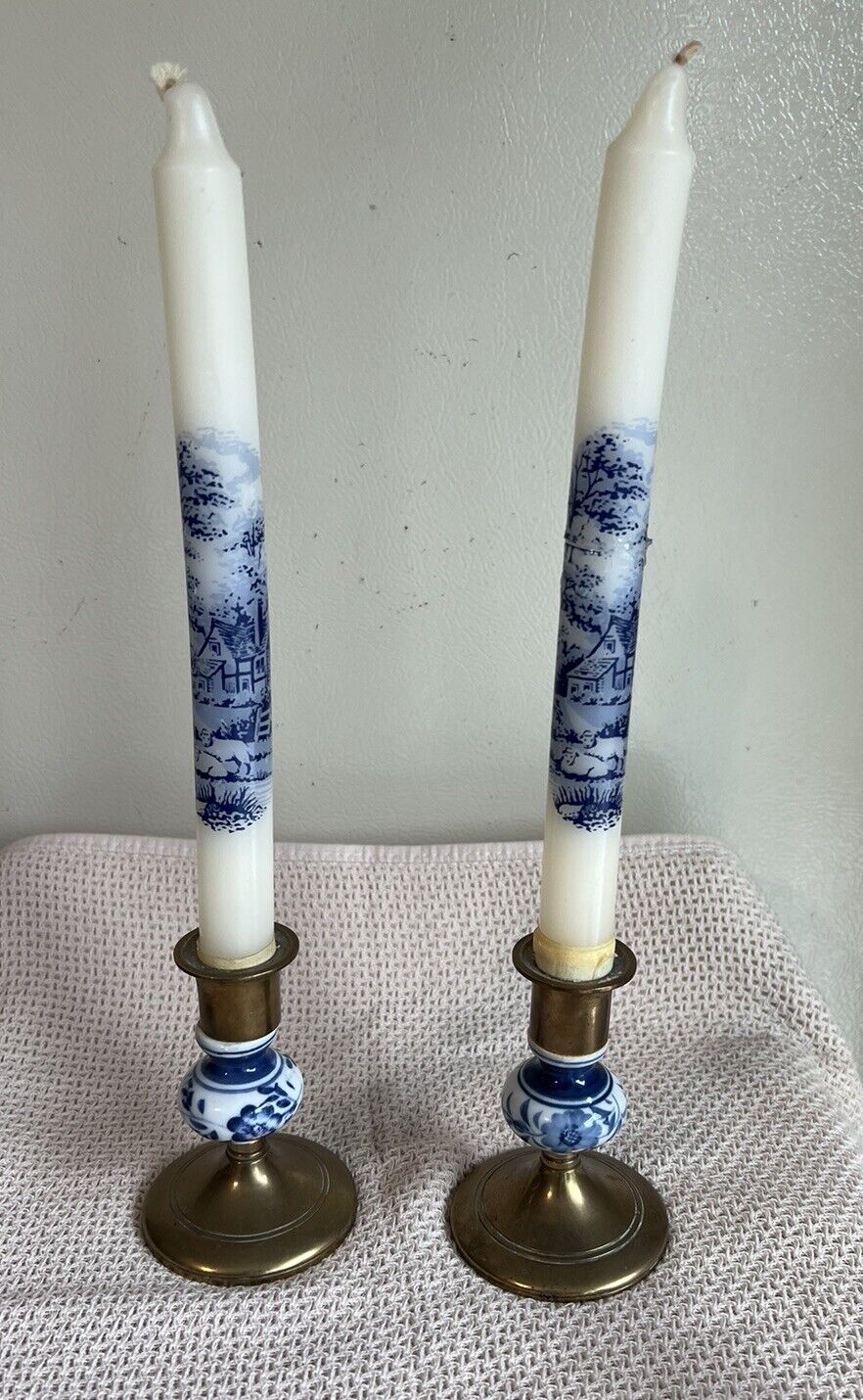 Vintage Delft Style Ceramic And Brass Candlestick Holders W/Delft Holland Candle