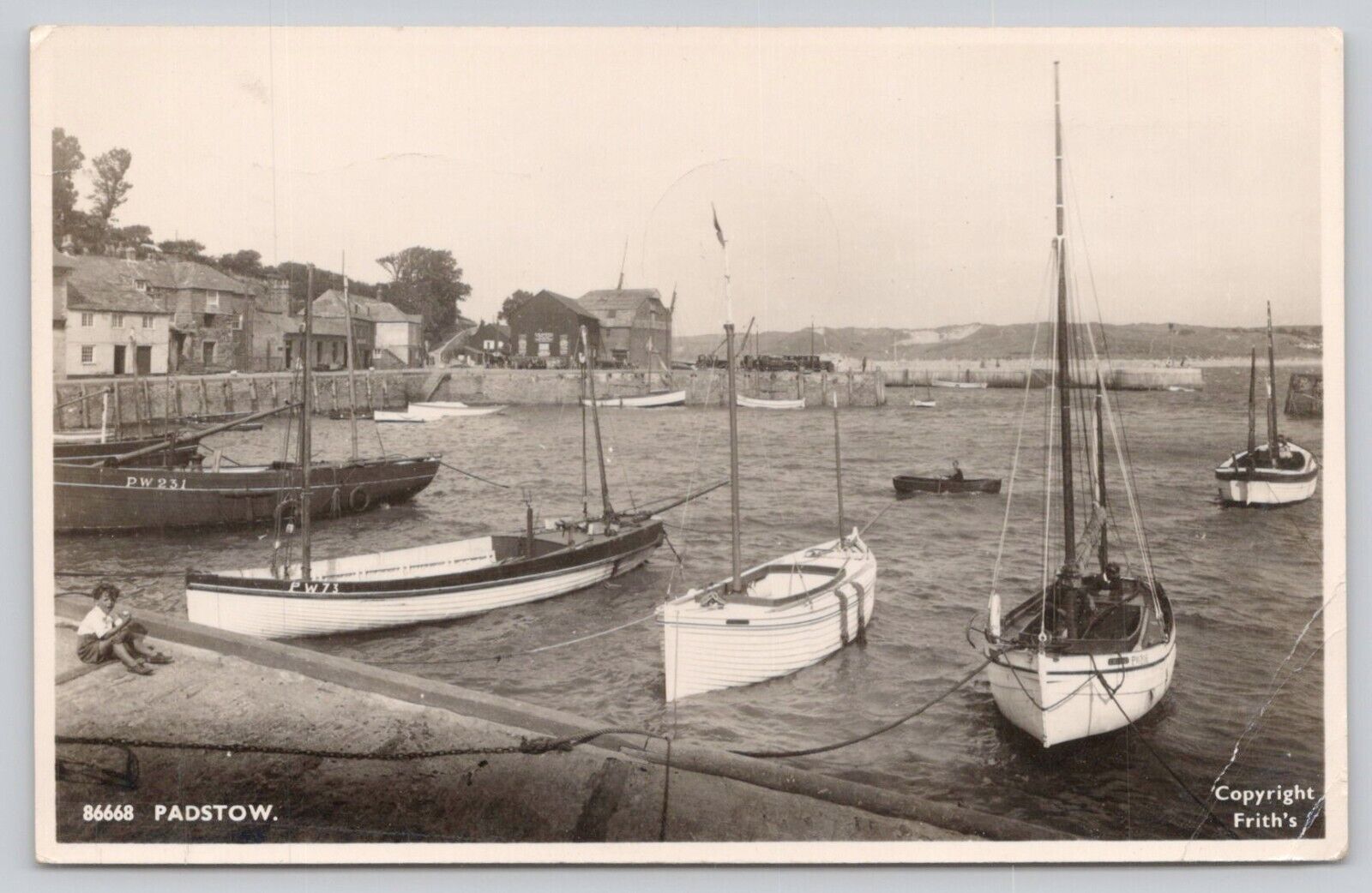 Postcard Padstow Harbor rppc   boats small boy on dock   *a6
