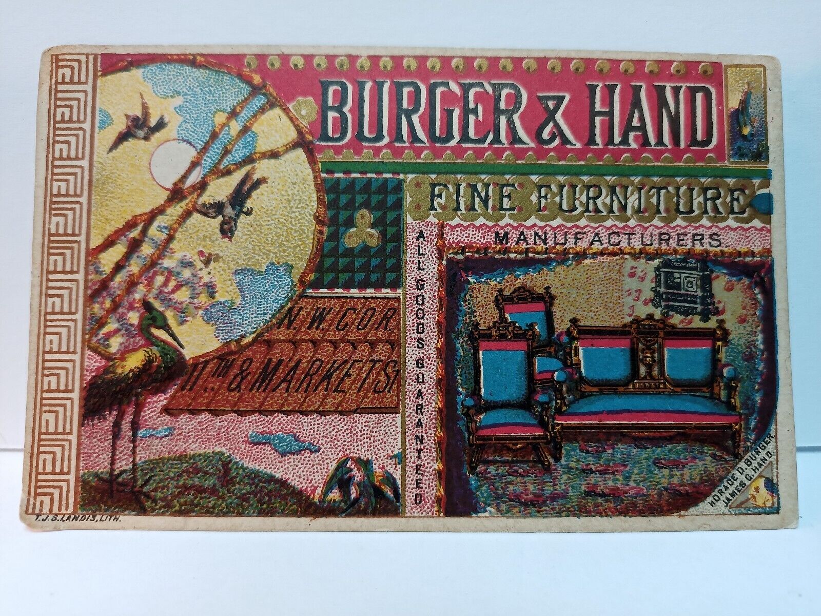 Burger & Hand Fine Furniture Manufacturer Trade Card 1890\'s 11th, Market Streets