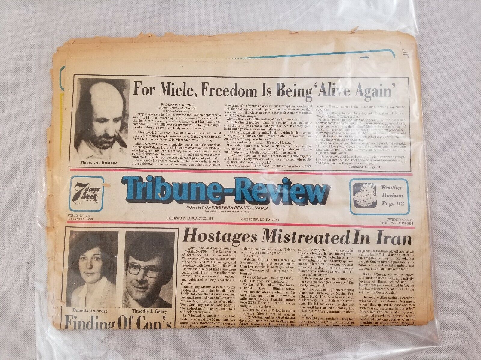 Tribune-Review Jan 22, 1981 Vol. 95 No. 334 Miele Mistreated In Iran News Paper