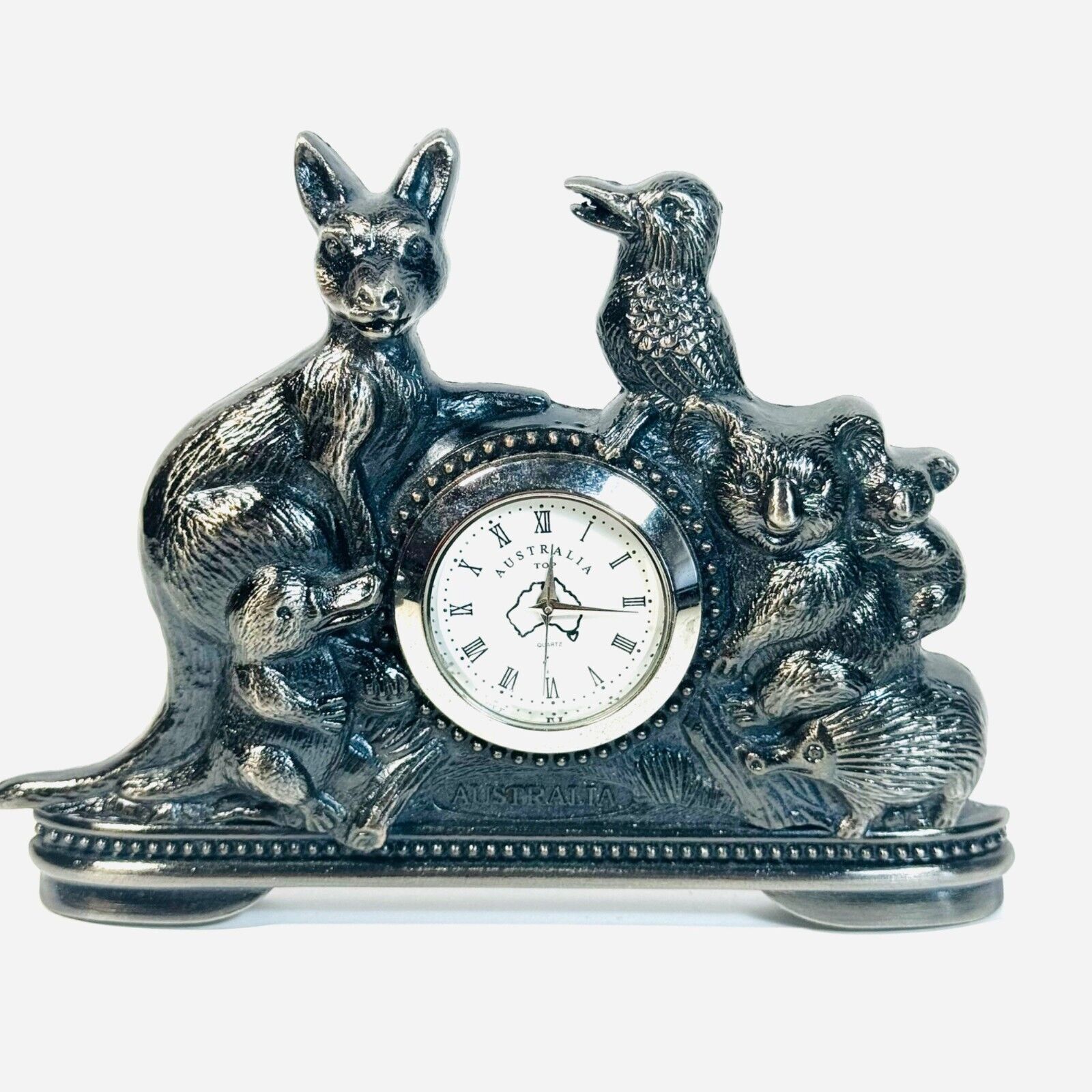 Kangaroo Koala Kookaburrra Australian Pewter Souvenir Clock Australiana