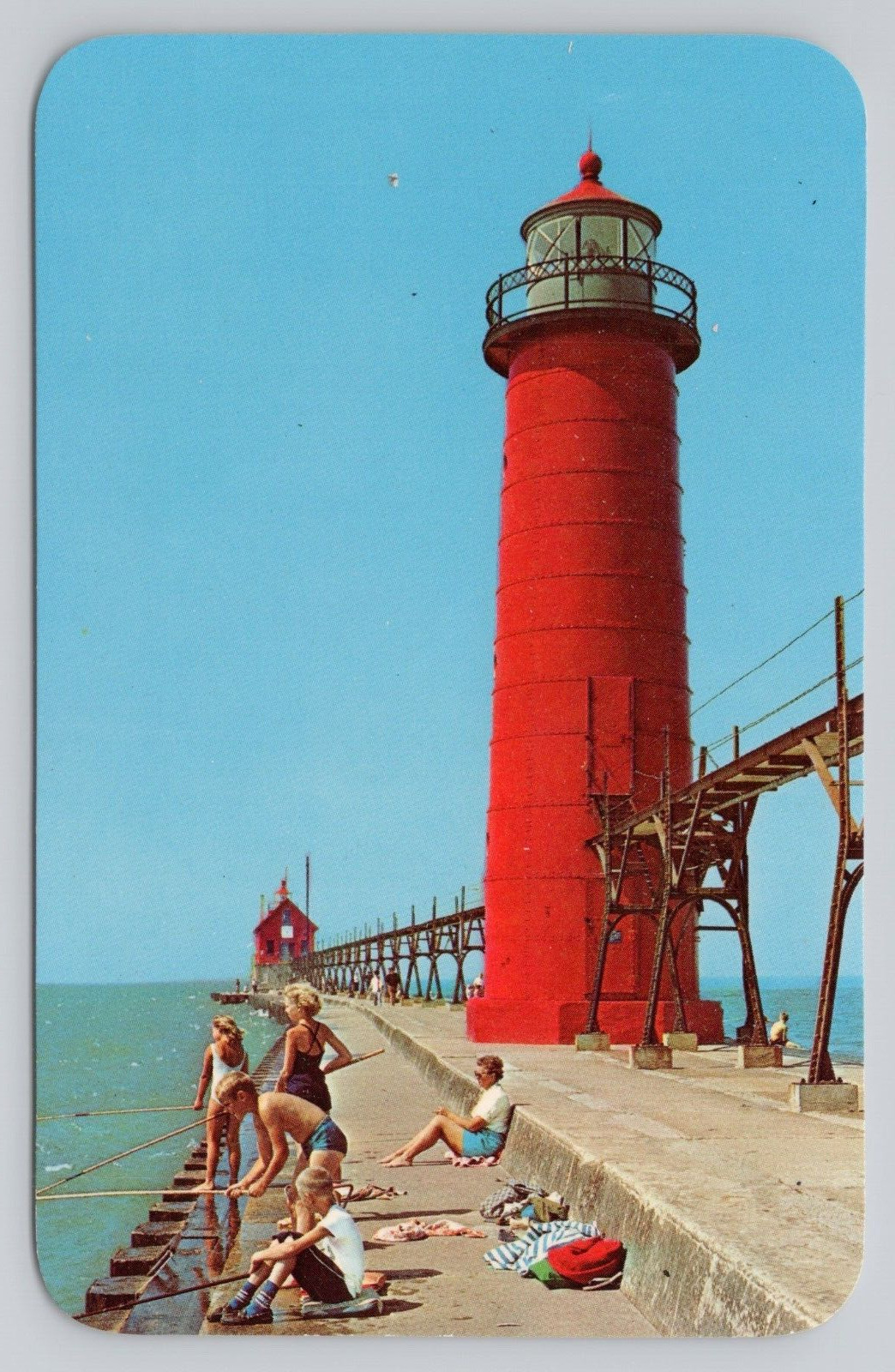Postcard MI Grand Haven Area Lake Michigan Lighthouse Fishing Unposted Chrome