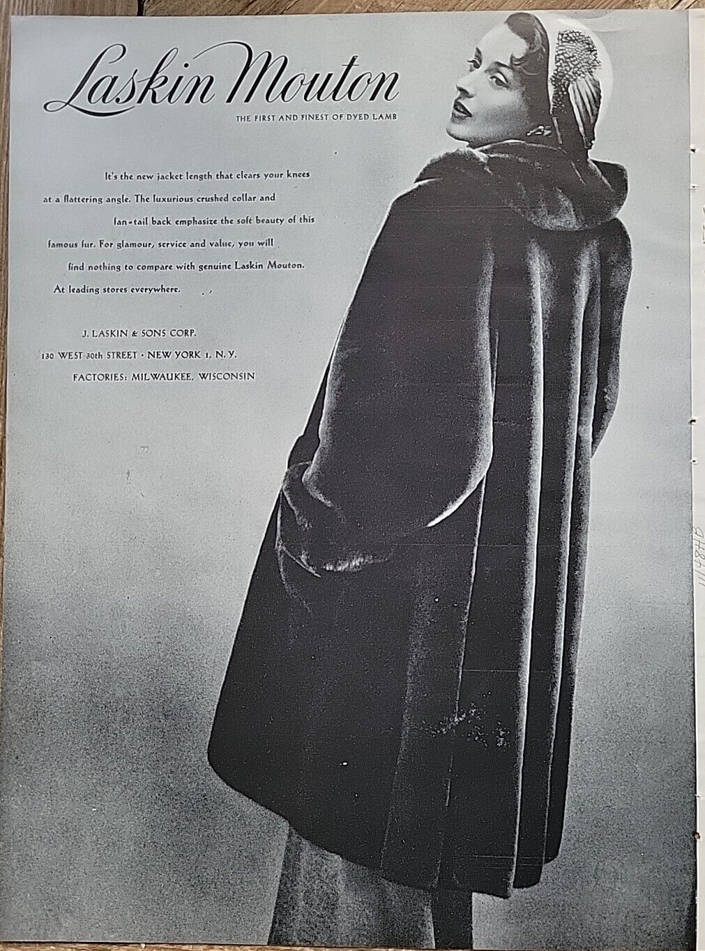 1948 Womens Laskin Mouton Dyed Lamb Fur Coat Vintag Fashion Vintage ad