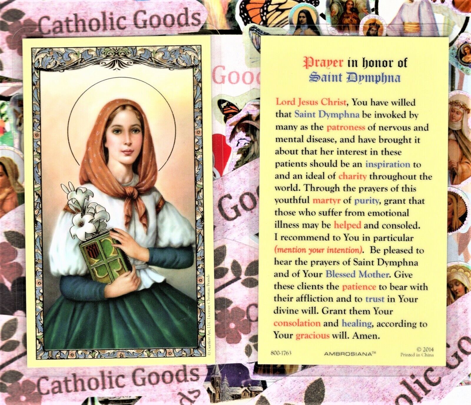 Prayer in honor of St. Saint Dymphna - Laminated  Holy Card 800-1763