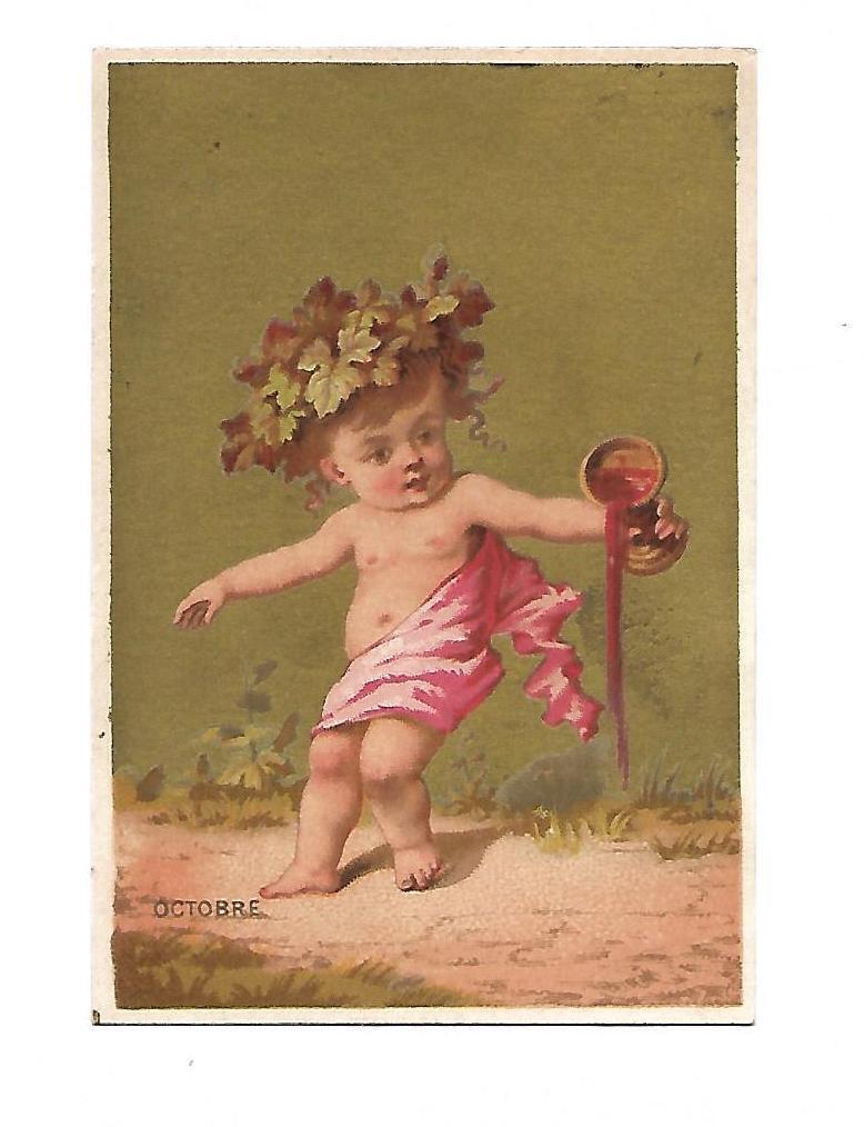 Octobre October Naked Baby Grape Leaves Chalice Wine No Advertising Card c1880s