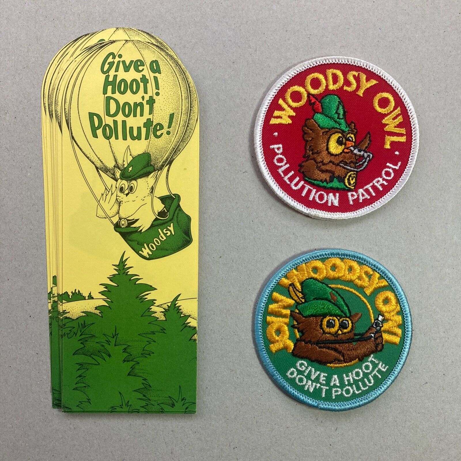 Woodsy Owl patches 2 + Bookmarks 12, Pollution Patrol, Give a Hoot Don\'t Pollute