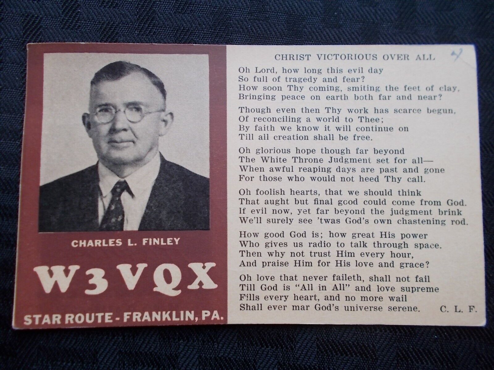 QSL RADIO CARD FRANKLIN PENNSYLVANIA W3VQX 1948             C199