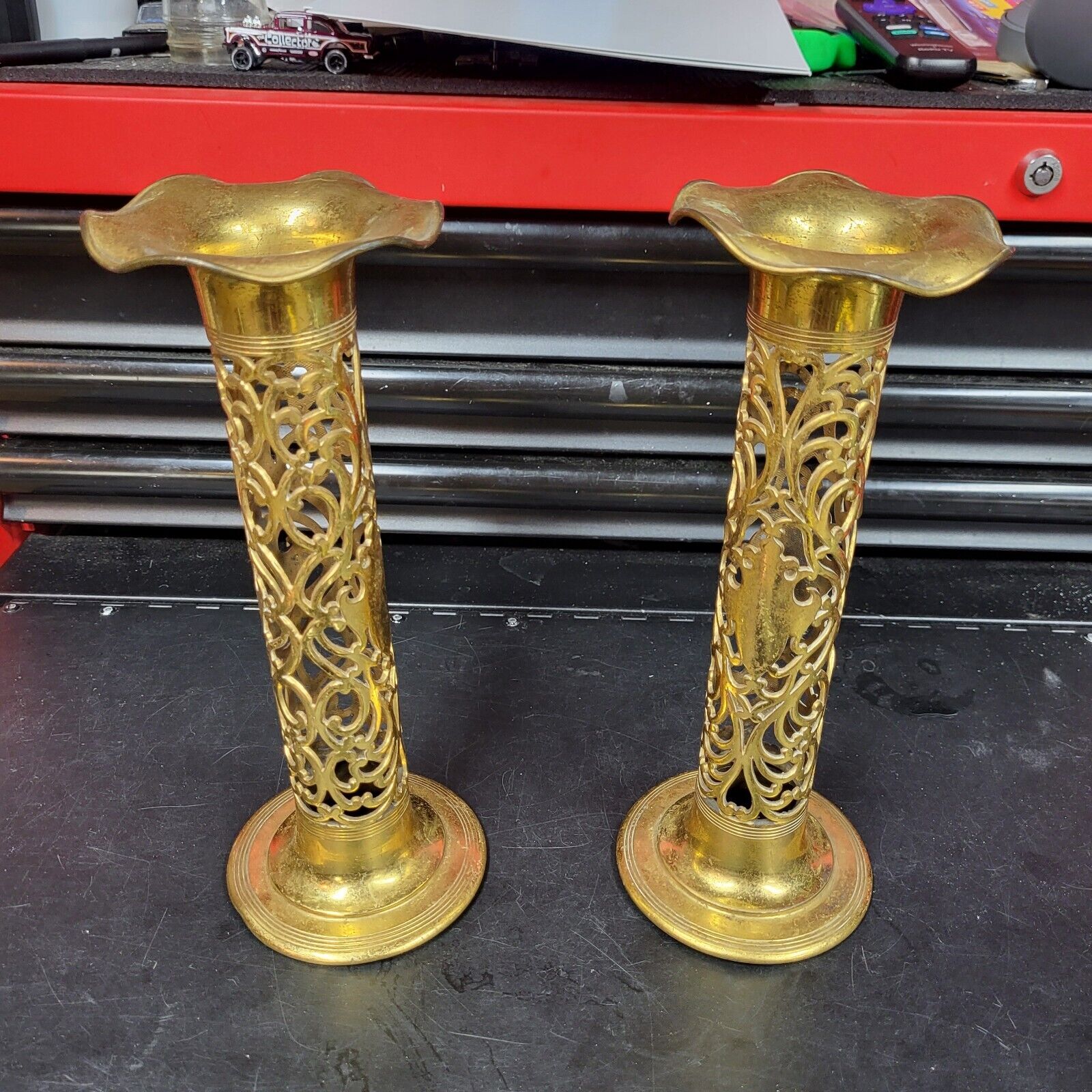 Pair of Antique Gold Plated Flower Vases, No Liners (CU383) chalice co