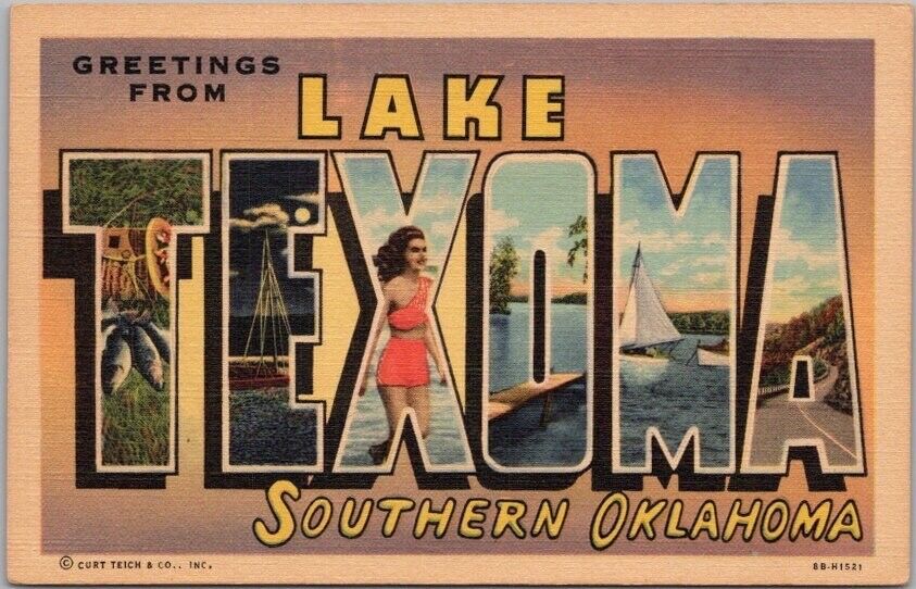 LAKE TEXOMA, Oklahoma Large Letter Postcard Multi-View / Curteich Linen c1948