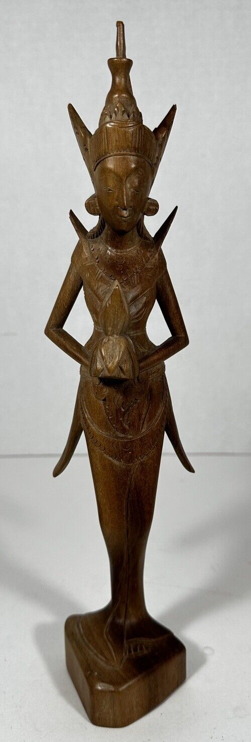 Bali Balinese Woman Sculpture Statue Flower Female Wood Hand Carved 12.5