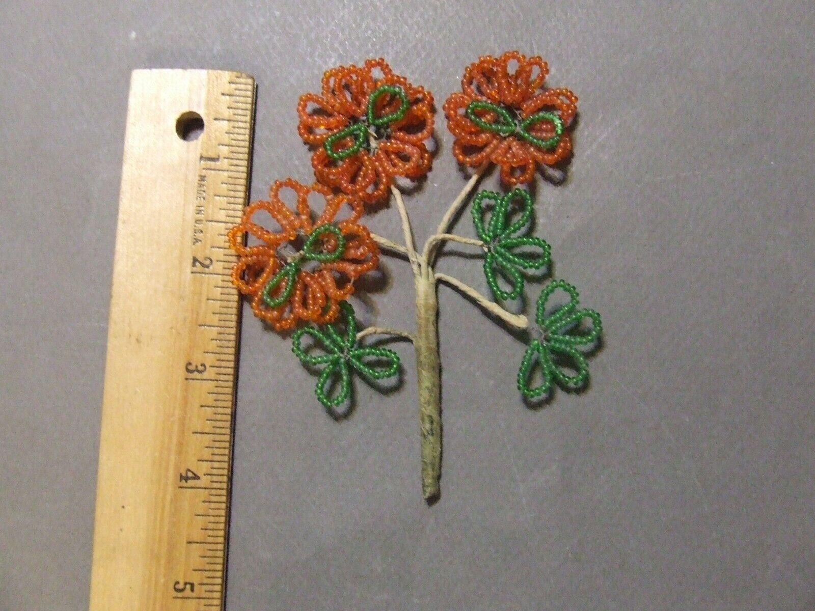 ANTIQUE VINTAGE FRENCH GLASS SEED BEAD FLOWER PICK ORANGE AND GREEN FLOWERS 