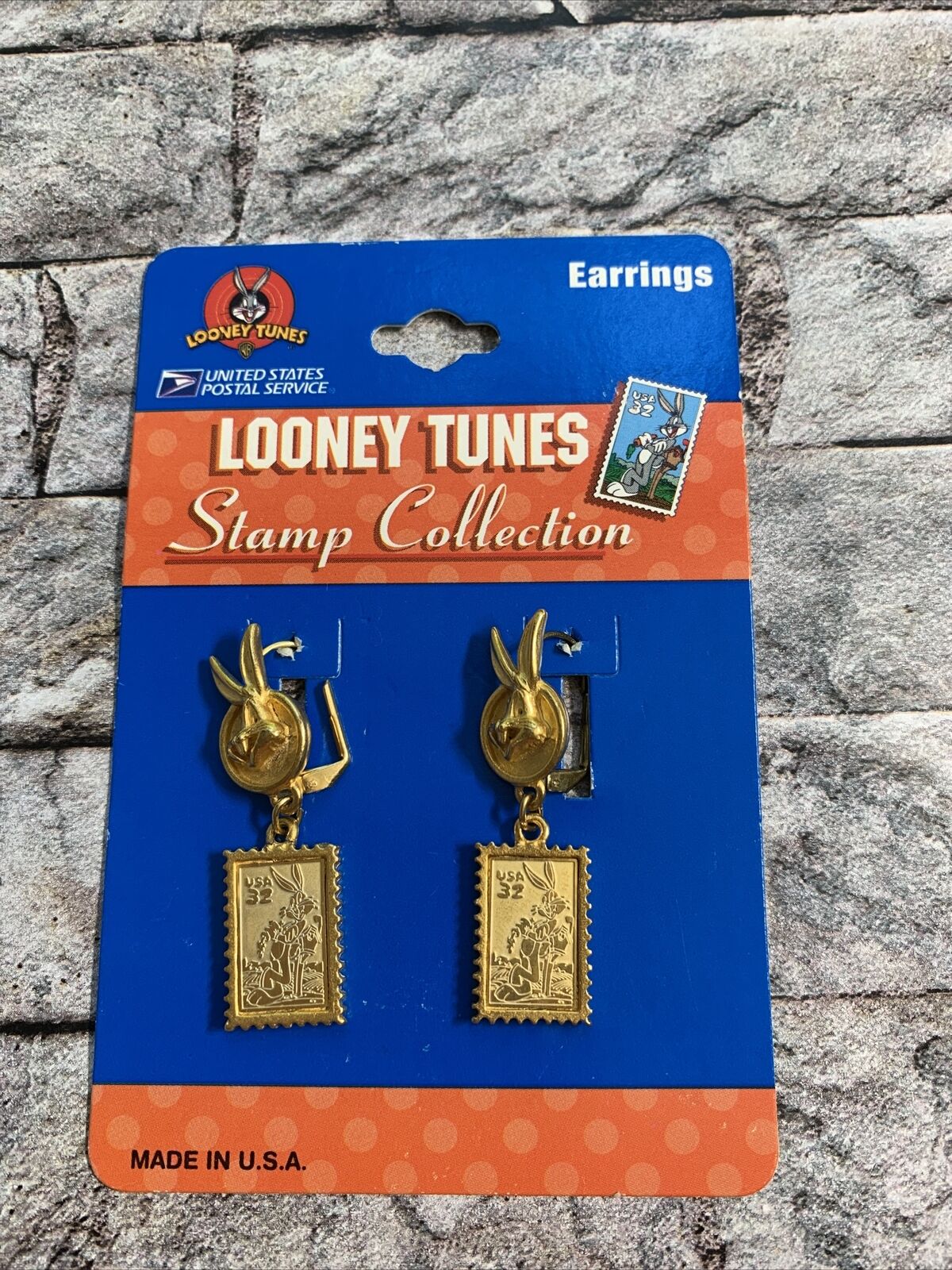 Vintage 97 Looney Tunes Bugs Bunny Lever Back Pierced Earrings Stamp Collection