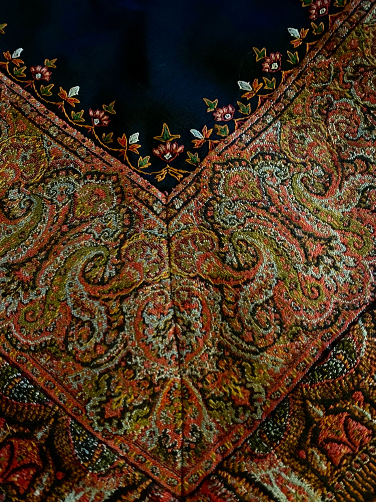 Antique Vintage Kashmir Paisley Wool Shawl Black Center Multi Color 60x60