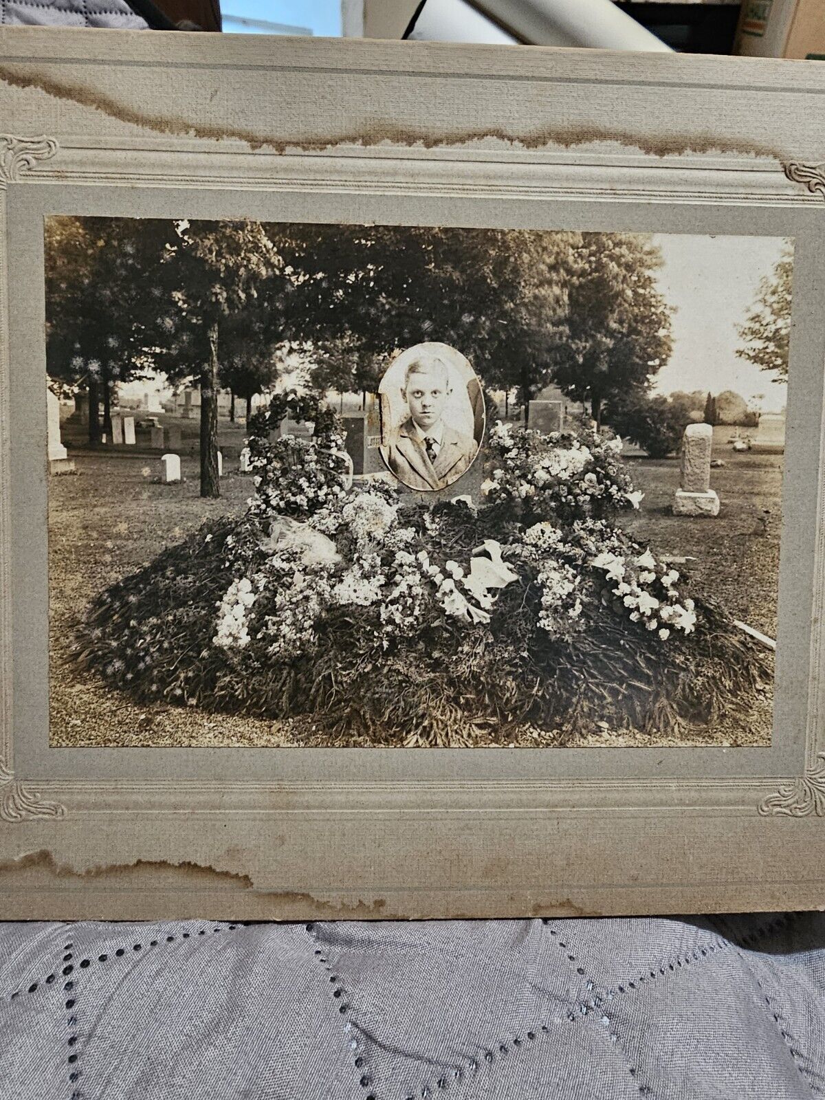 Antique Photo Gravesite Memorial Mourning Boy Cemetery