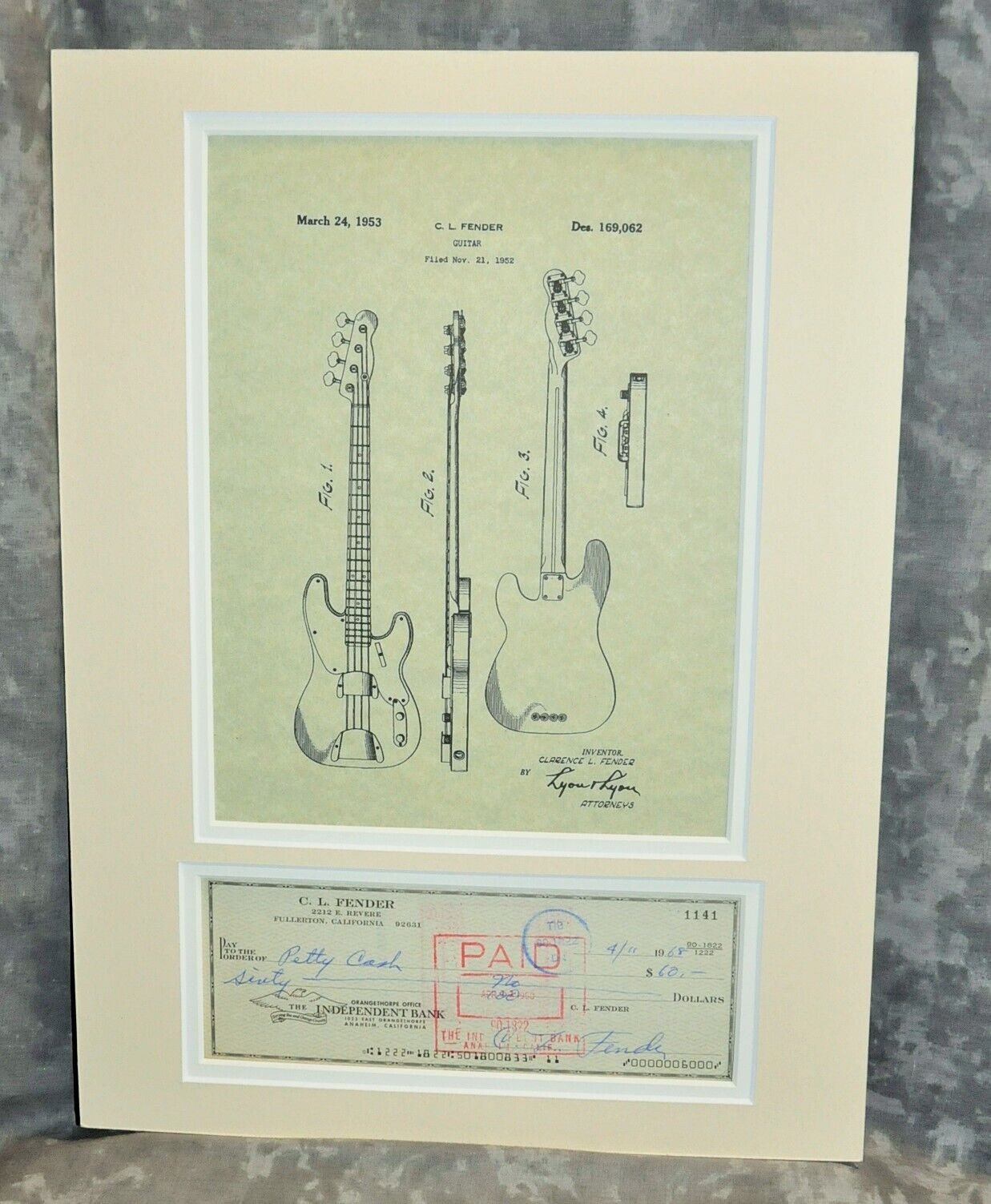 Leo Fender Autographed 1968 Check w/ Precision Bass Patent Copy Matted 12\