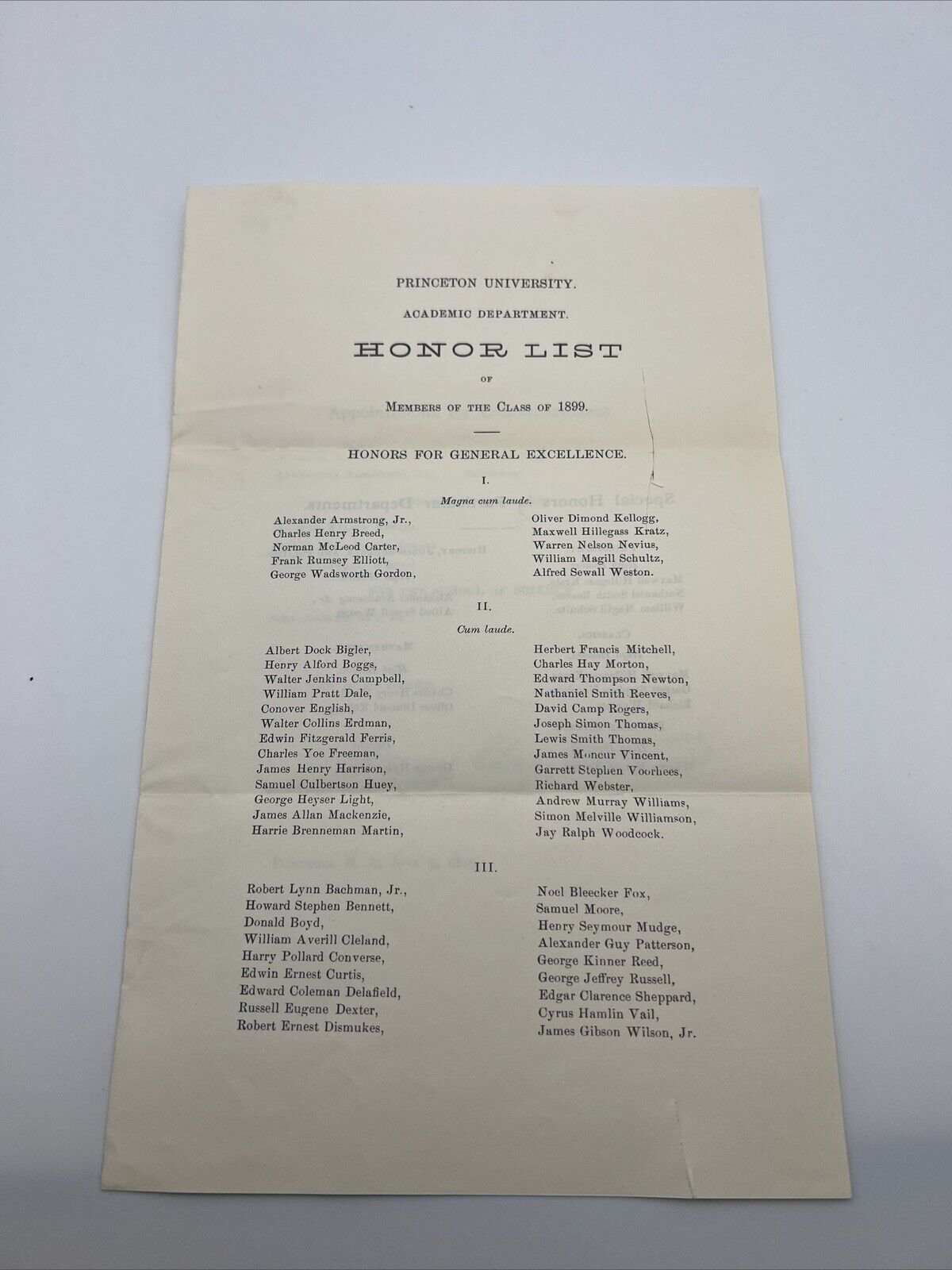 ANTIQUE 1899 CLASS PRINCETON UNIVERSITY ACADEMIC DEPARTMENT HONOR LIST