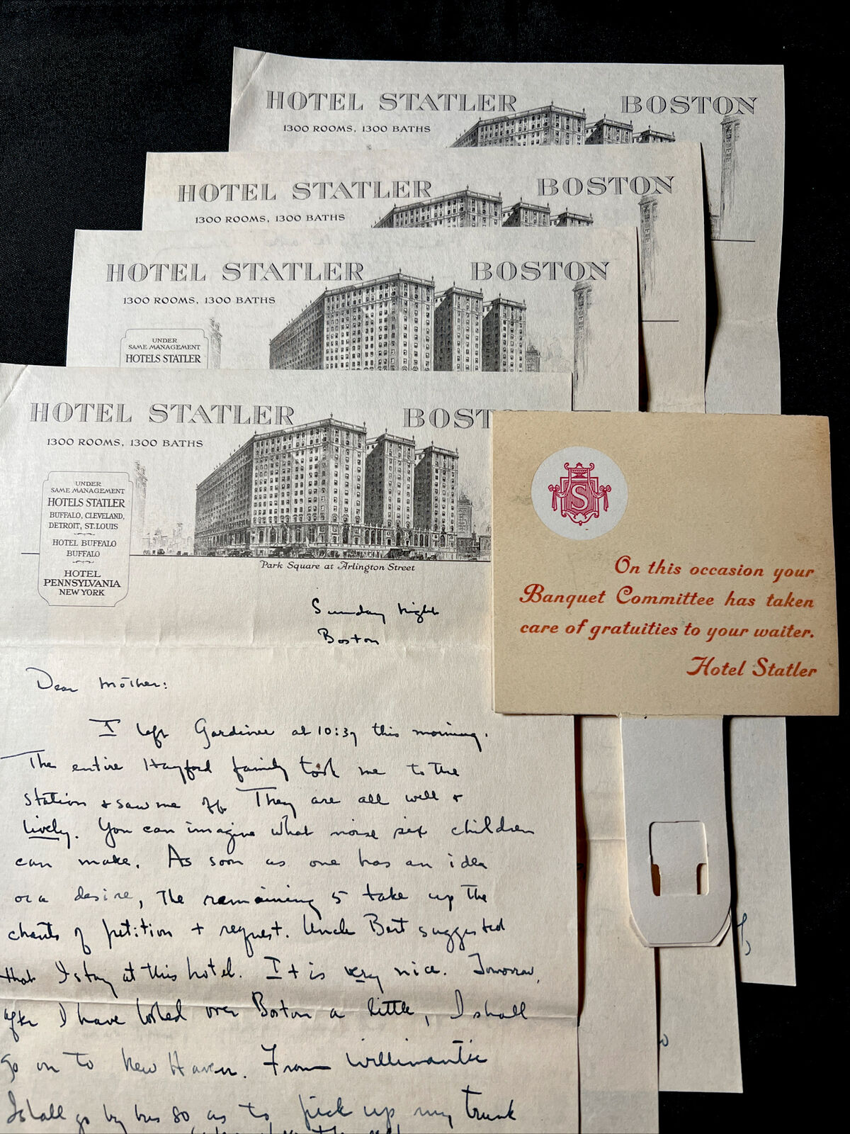 c. 1920s vintage HOTEL STATLER Letterheads gratuity Tag BOSTON Massachusetts