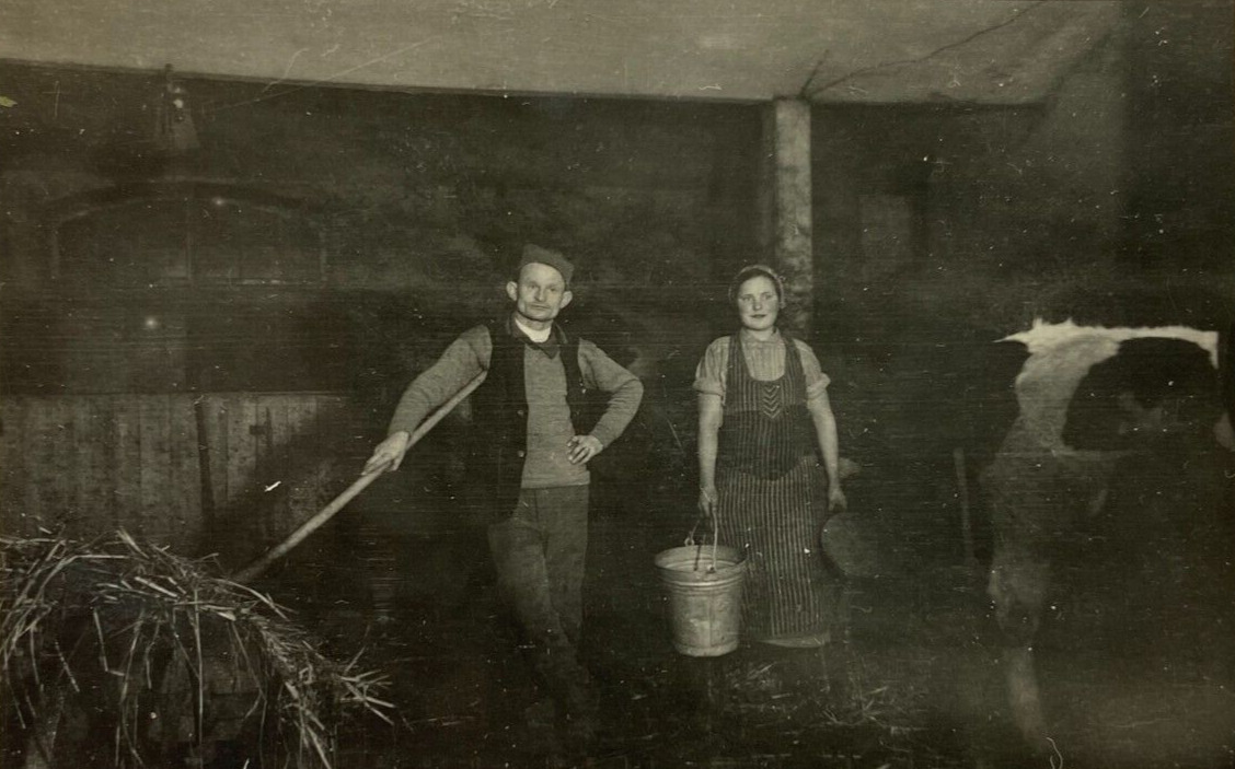 Man With Pitchfork By Women Holding Milk Buckets By Cow B&W Photograph 2.5 x 3.5