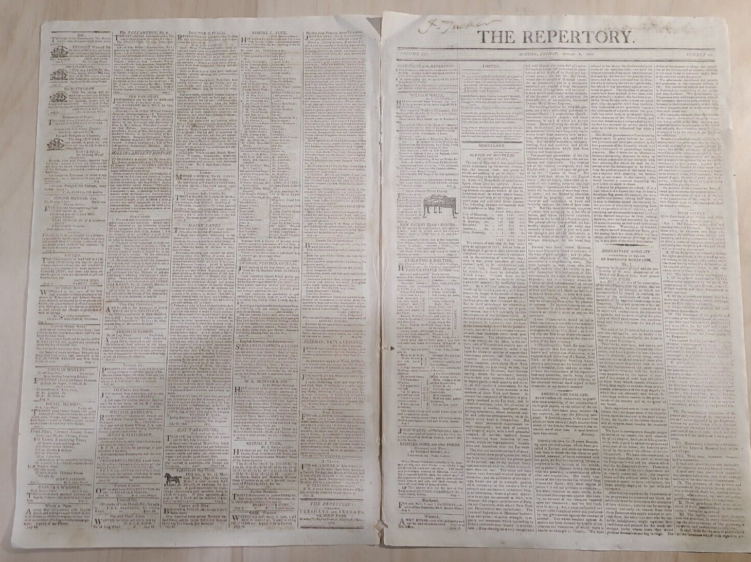RARE 1806 Newspaper THE REPERTORY, Boston  MA, USA-Britain Politics, 8/18/1806
