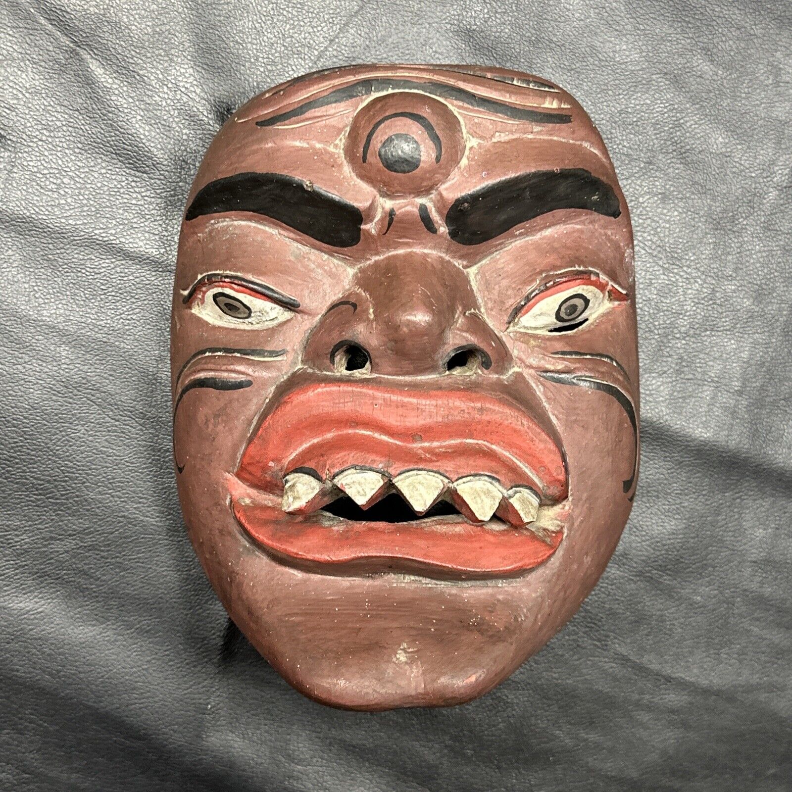 3 Eyed Devil Demon Balinese Chinese Wooden Mask Folk Wall Art Handmade Carved
