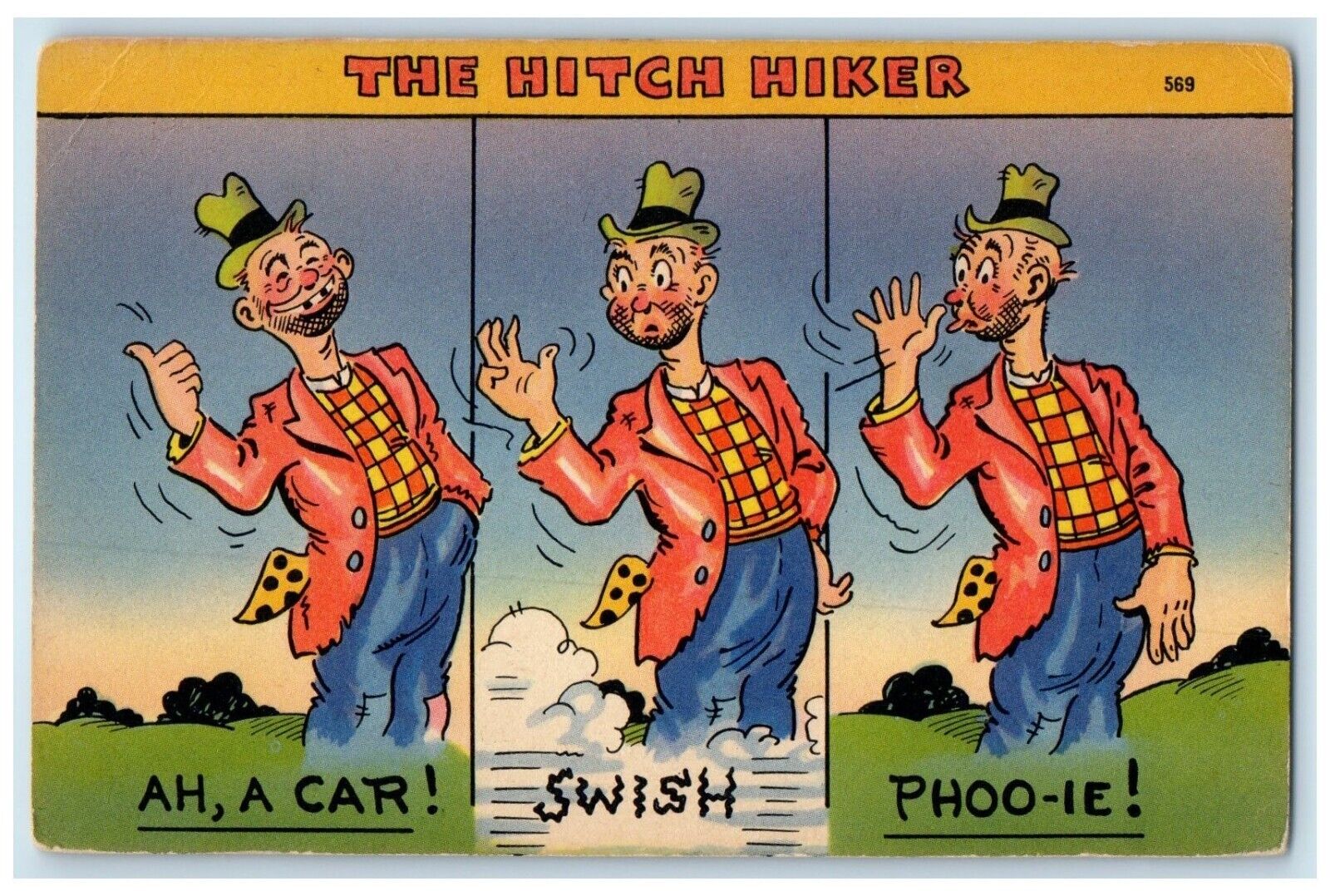 c1930\'s The Hitch Hiker Hobo Man A Car Swish Unposted Vintage Postcard