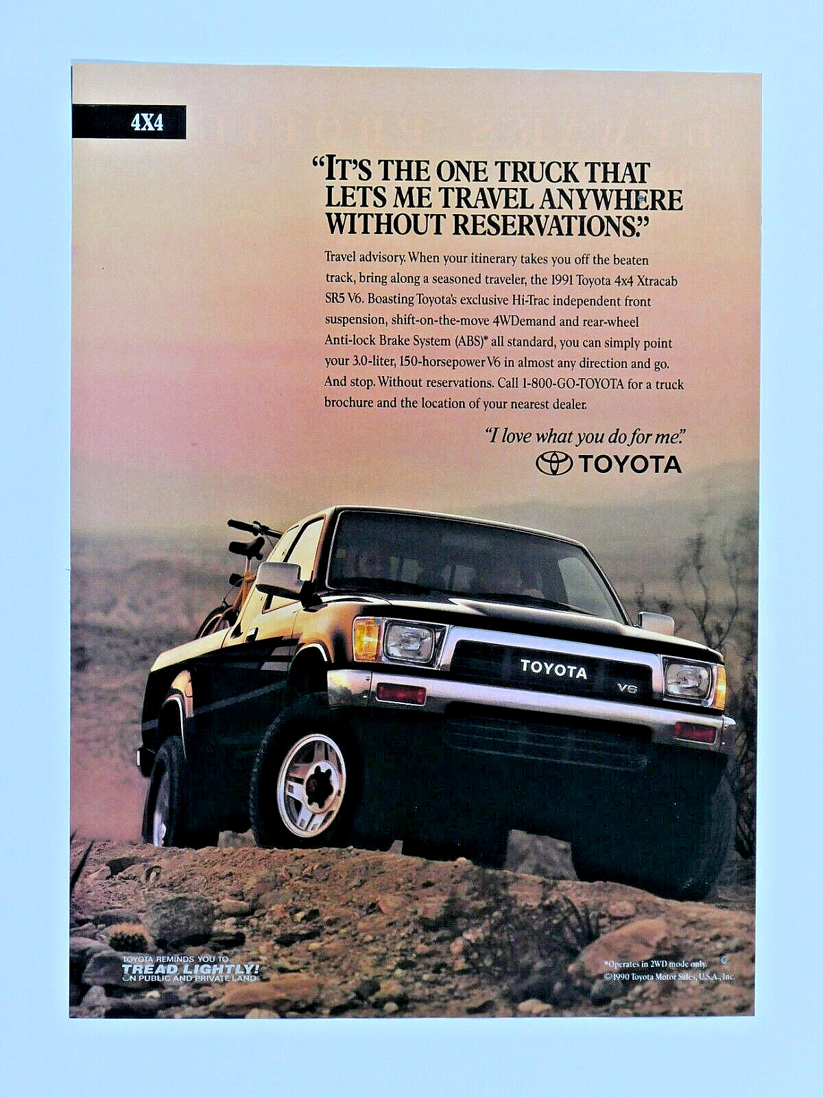 1991 Toyota 4 X 4 XtraCab SR5 Vintage Let's Me Travel Anywhere Original Print Ad