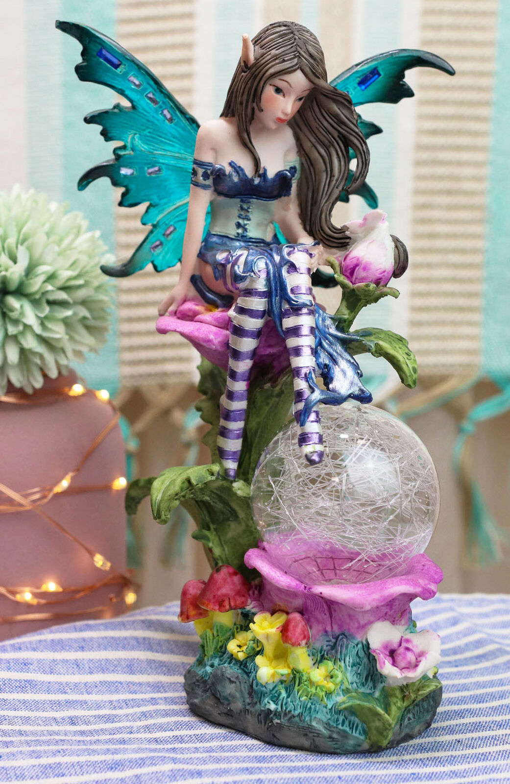 Ebros Butterfly Elf Pixie Fairy Sitting On Flower W/ LED Night Light Ball Statue