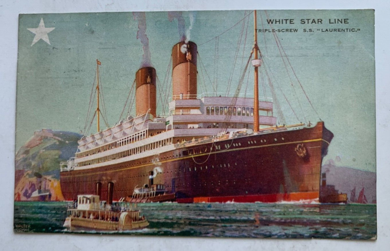 1929 Ship Postcard White Star Line SS Laurentic tugboats artist Walter Thomas