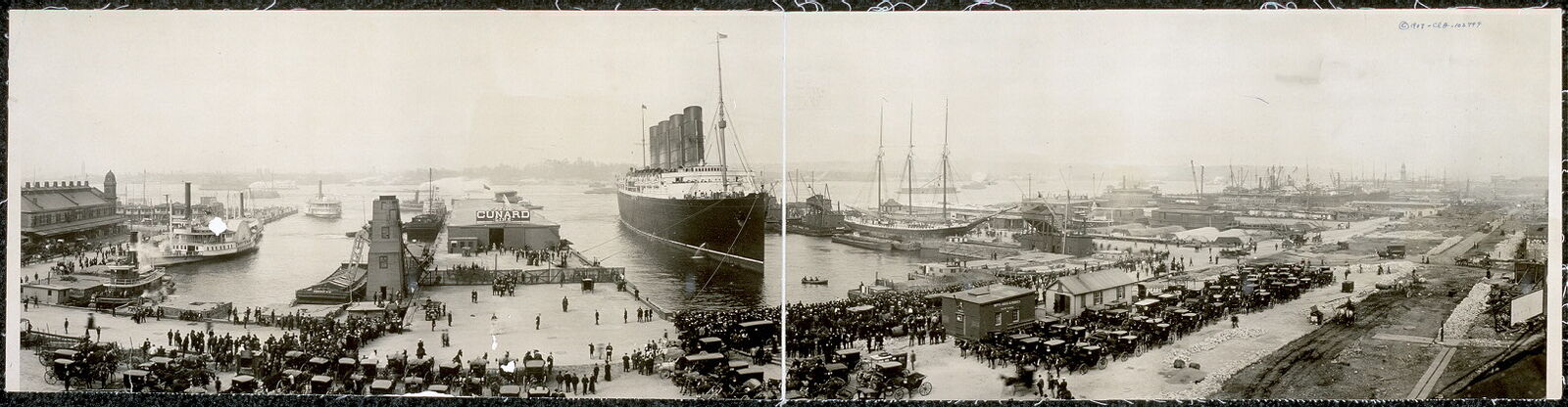 Photo:1907 Panoramic: The Lusitania at end of record voyage