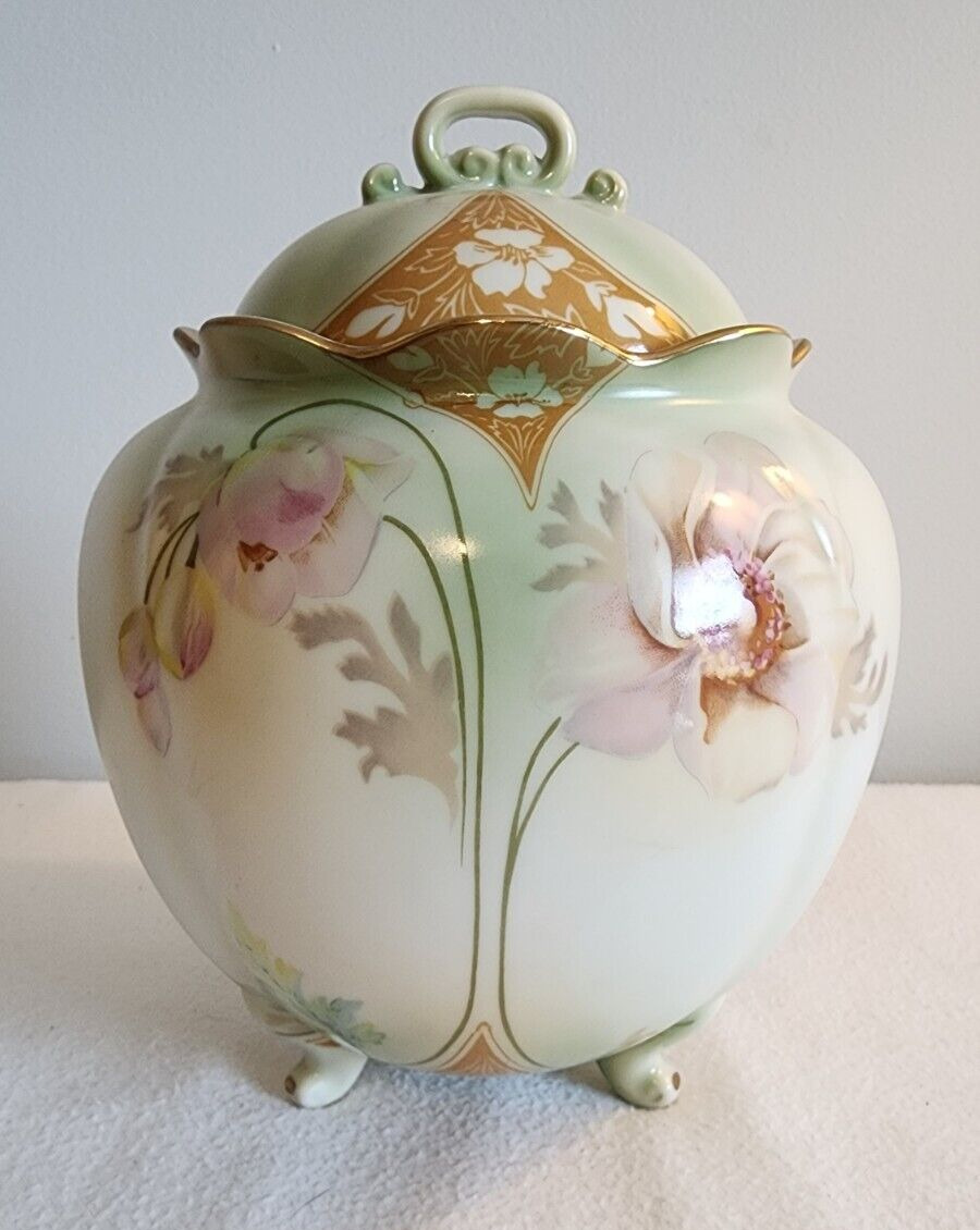 Vintage Prussian Floral Porcelain Footed Jar 8\