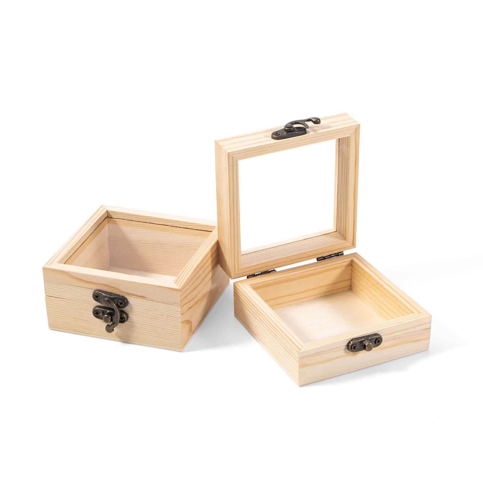 2Pcs Small Wooden Box with Hinged Lid, 3.4\'\' x 3.4\'\' x 1.7\'\' Unfinished Wood ...