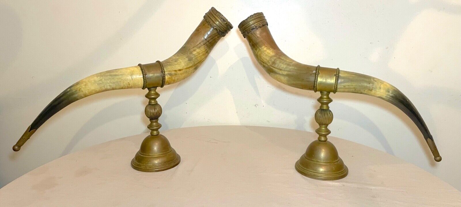 HUGE pair of antique bronze mounted read horn cornucopia decor statues garniture