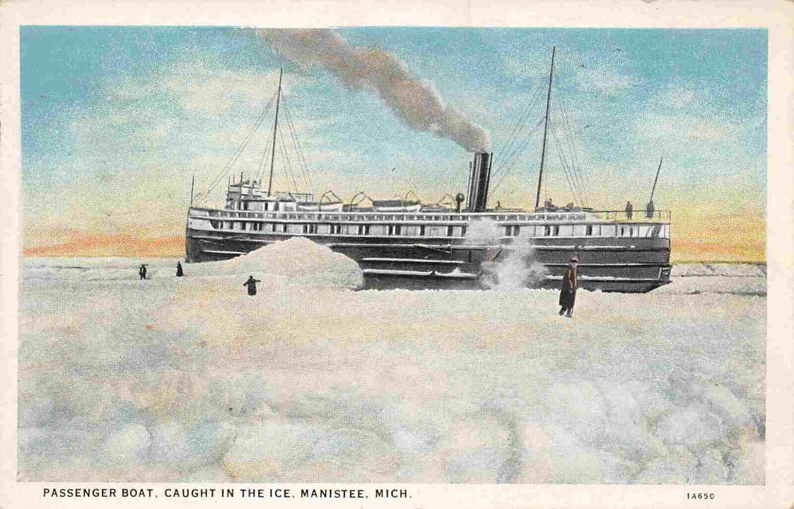 Steamer Passenger Ship Ice Bound Manistee Michigan 1936 postcard