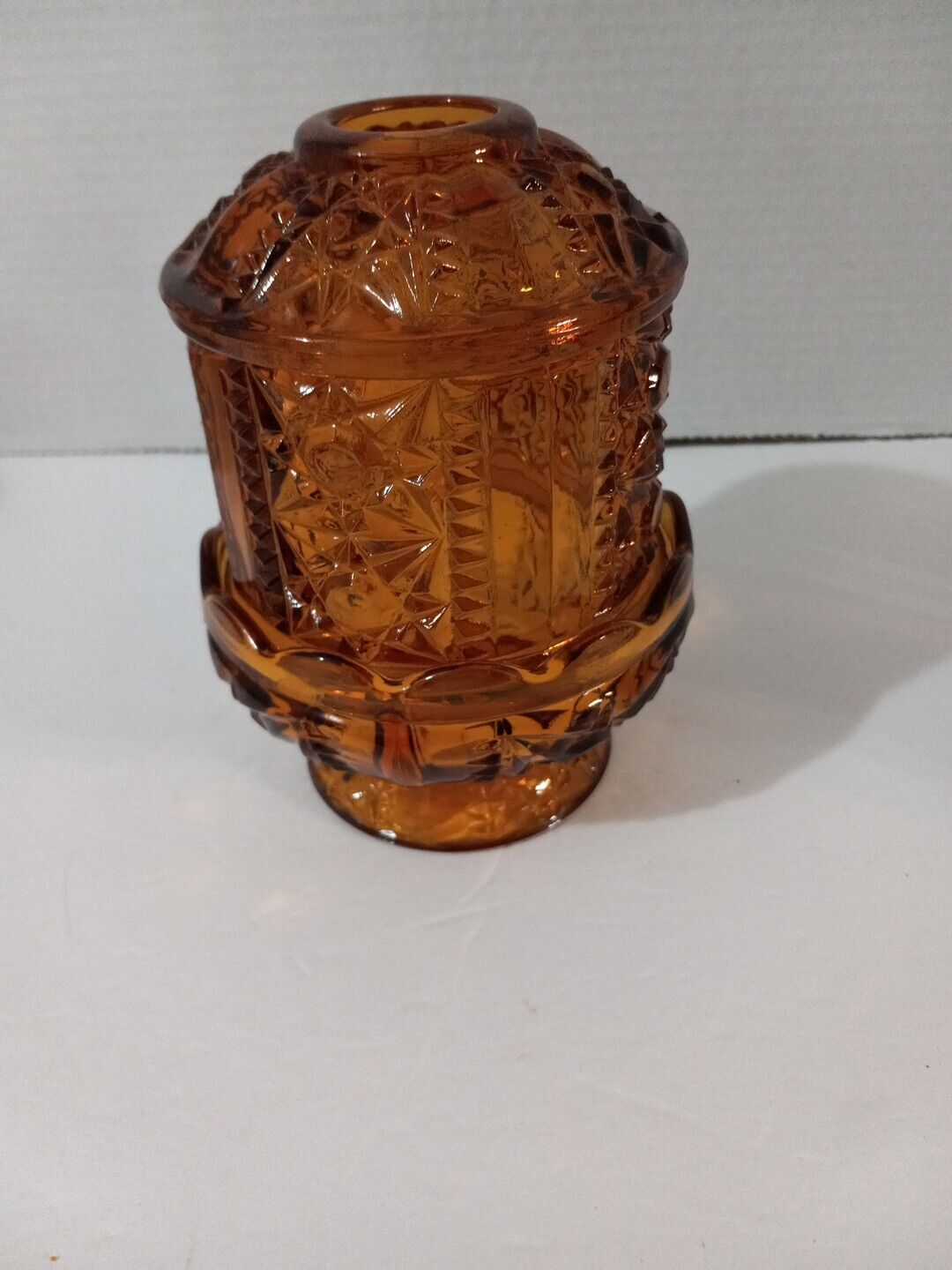 Vintage Amber FAIRY LAMP Indiana Glass Stars and Bars Candle Tea Votive Light