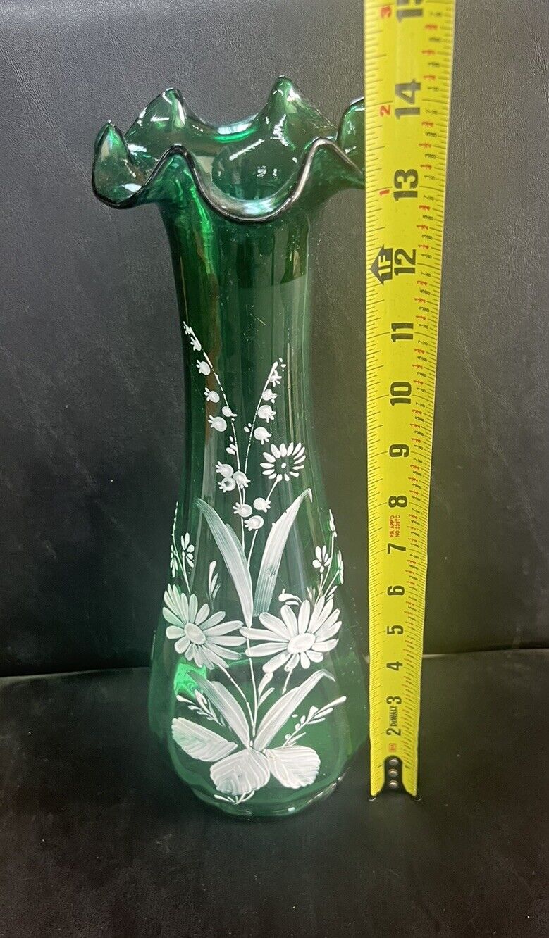 Vintage Emerald Art Glass Hand Painted, 14” Hand Blown Vase