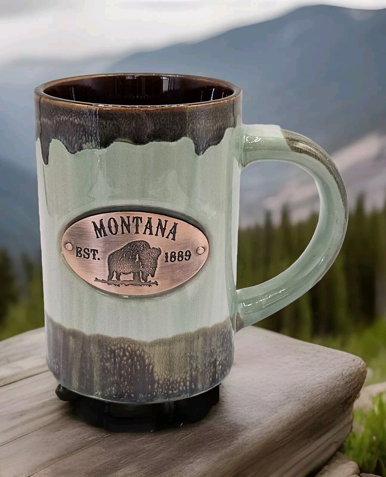 Coffee Mug Ceramic with Copper Plate Montana Est 1889 Green w/Brown Drip Glaze