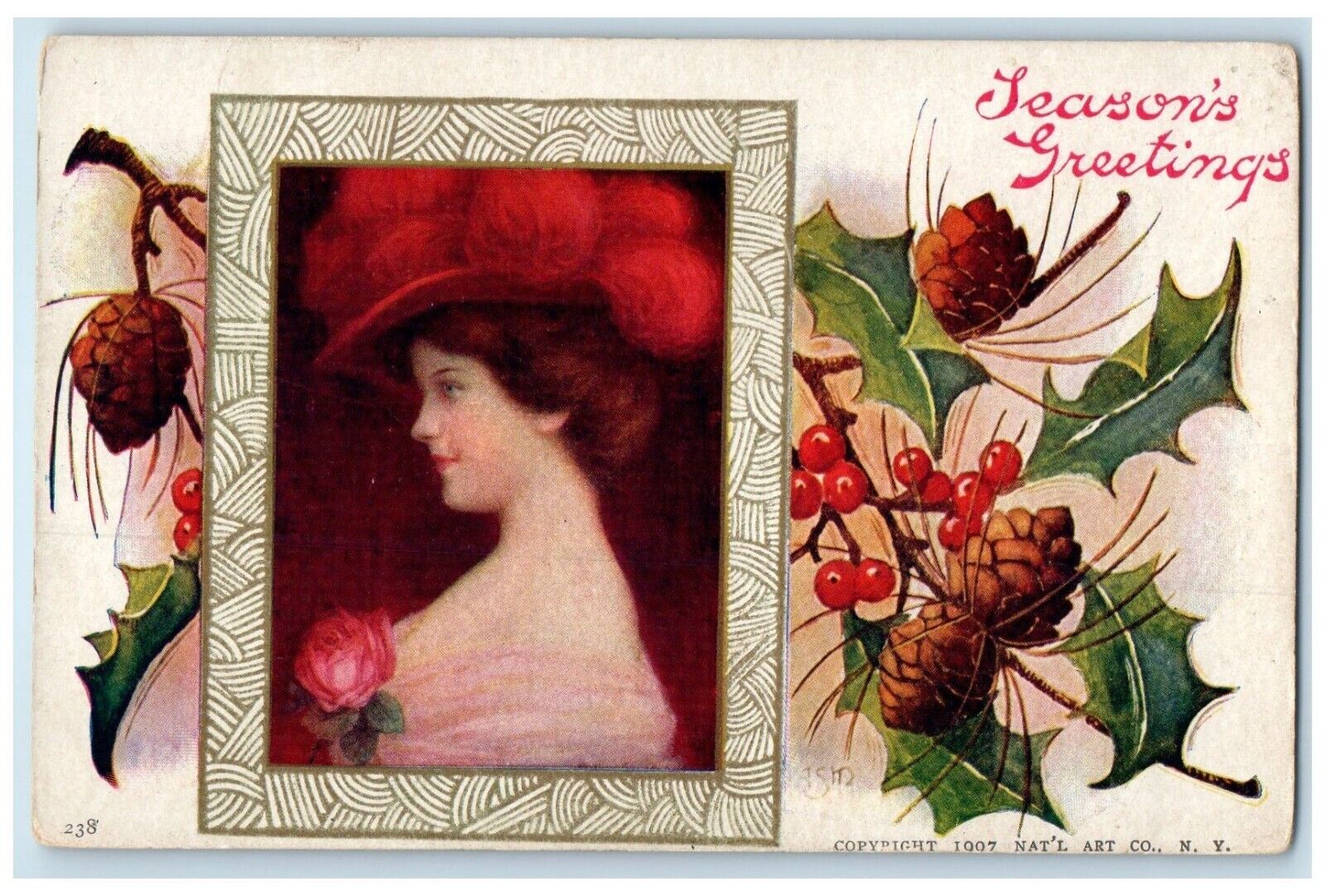 c1910\'s Season\'s Greetings Pretty Woman Pinecone Berries Antique Postcard