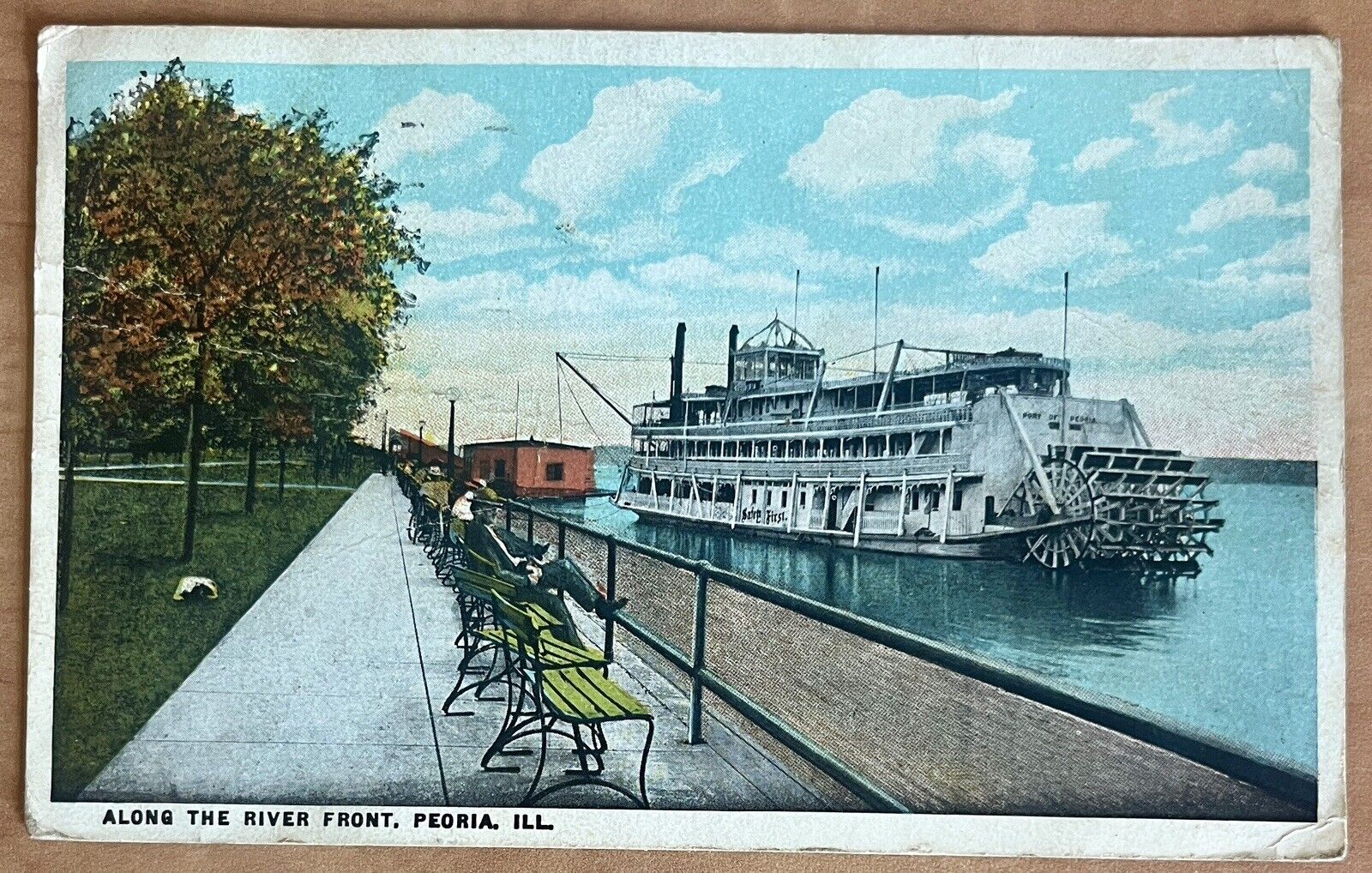 1926 Peoria Illinois Along the River Front POSTCARD Steamer Paddle Wheel Boat