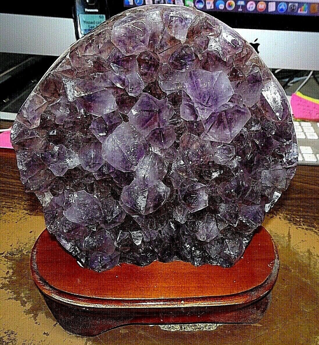 LG. AMETHYST CRYSTAL CLUSTER  CATHEDRAL GEODE  BRAZIL  WOOD  STAND 