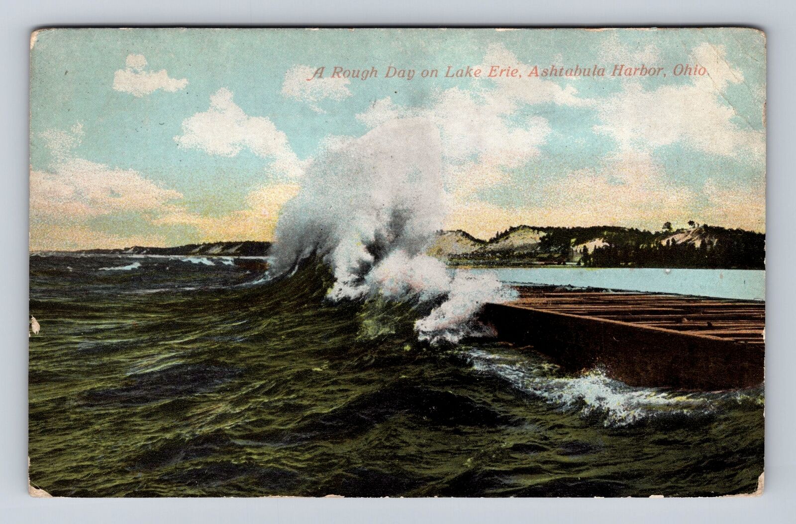 Ashtabula Harbor OH-Ohio, A Rough Day On Lake Erie, Antique Vintage Postcard