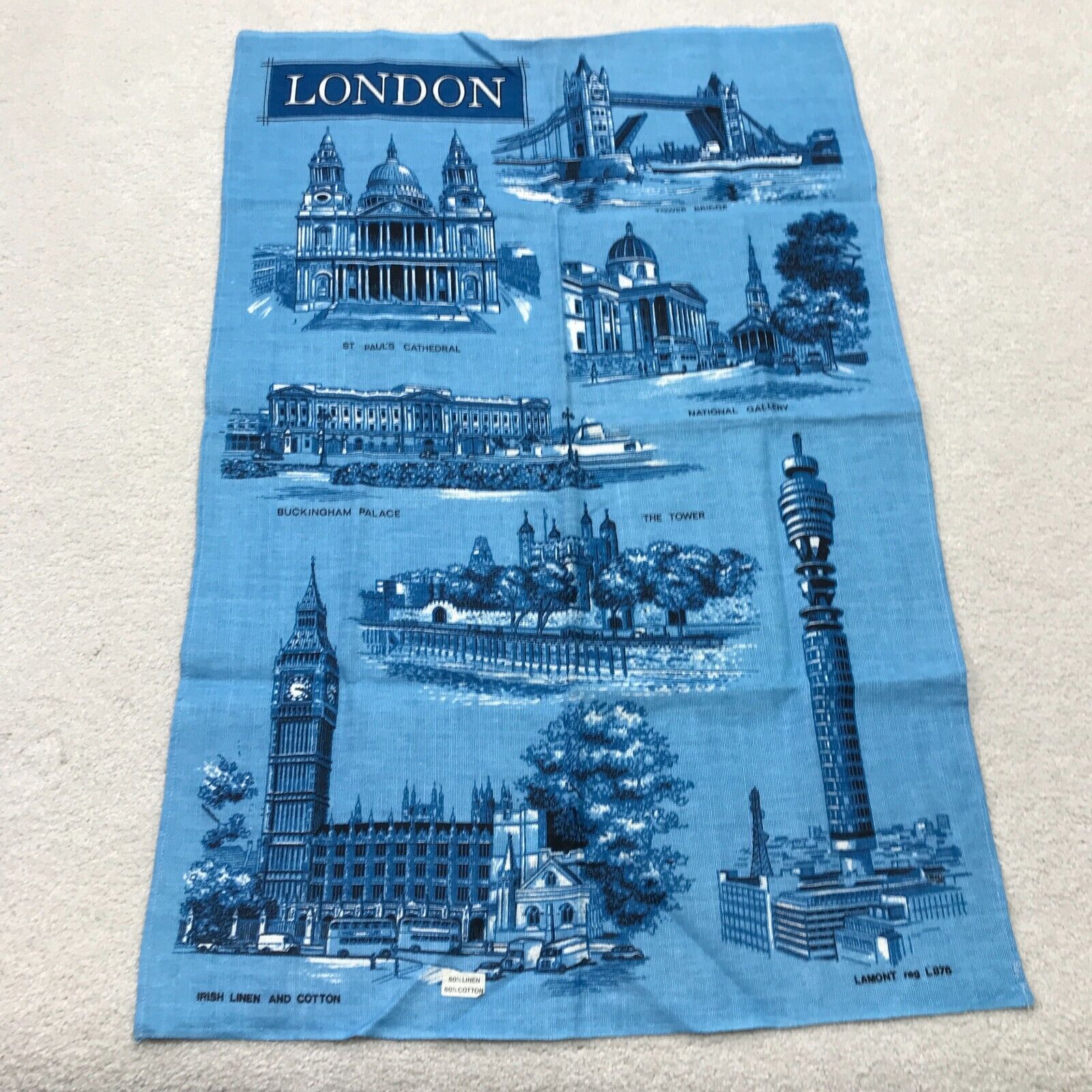 Vintage Lamont Tea Towel London Blue Irish Linen Cotton England Souvenir Travel