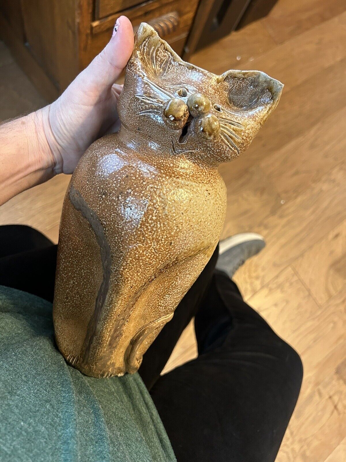 HANDMADE PRETTY UNIQUE LARGE HEAVY POTTERY CAT STATUE WITH 