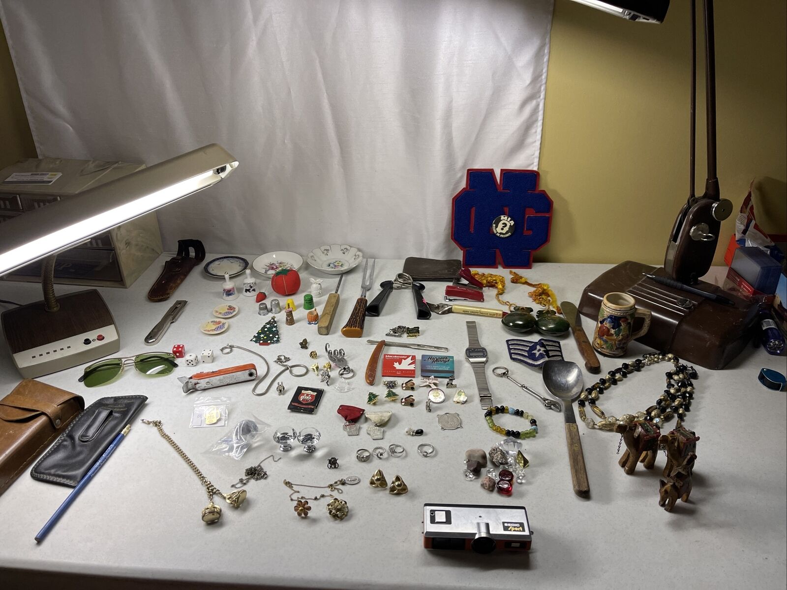 Vintage Junk Drawer Lot Rings Watch Advertising Sewing Leather 925 12k Jewelry++