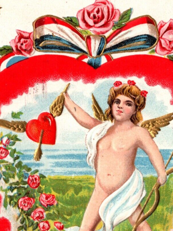 Vintage 1908 Valentine Postcard Patriotic Cupid Red White & Blue Winged Heart