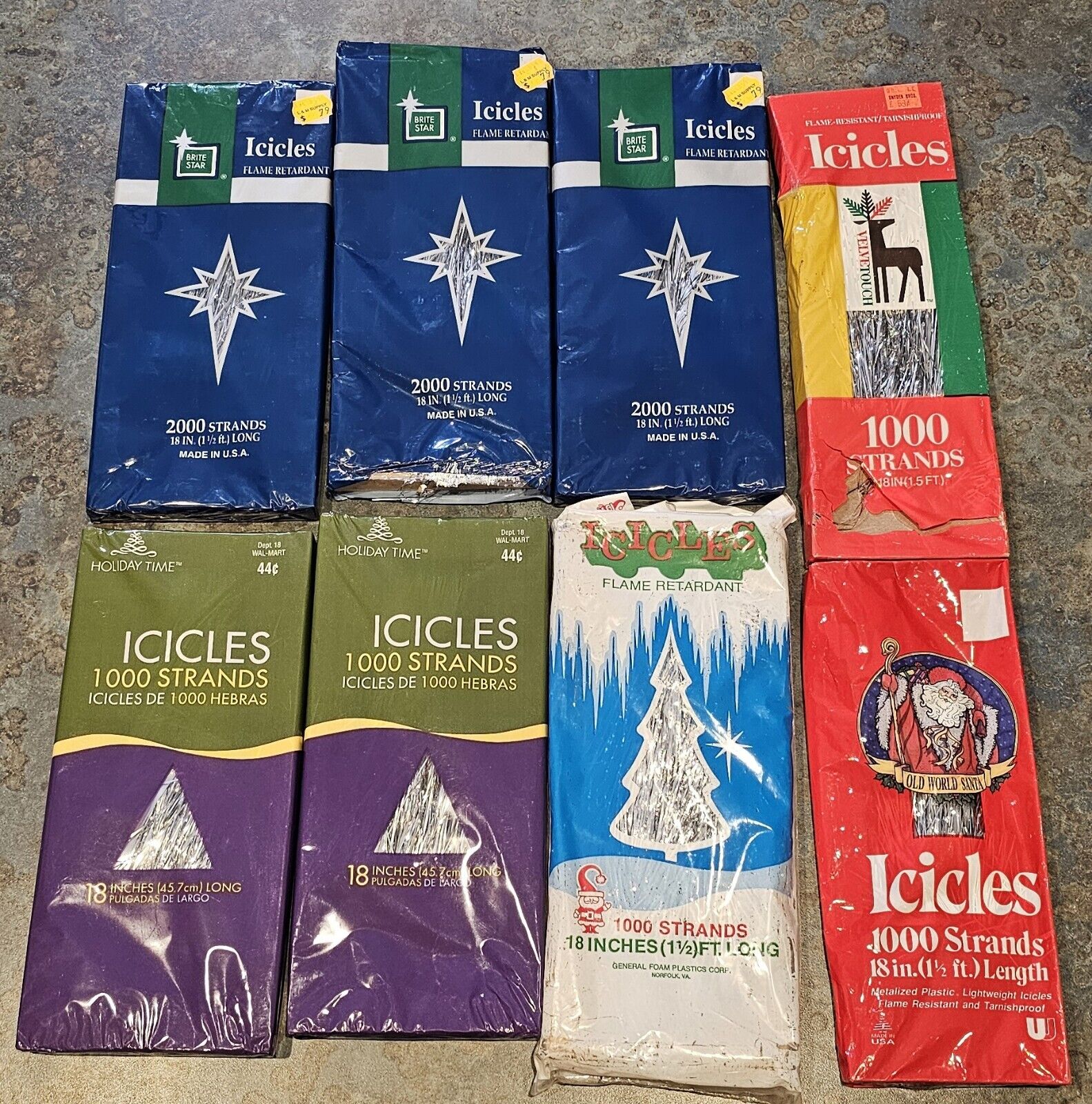 Vintage 8 Boxes Various Brands Icicles  1000 Strand Each 18in Long Sealed USA